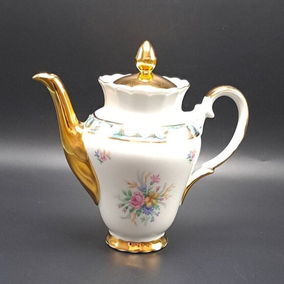 Vintage Bavaria Porcelain Teapot Gold Trim Floral Design - Picture 2 of 16